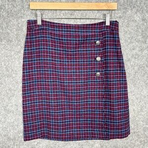 Talbots Preppy Retro Plaid Check Wool Blend Skirt Size 6 Faux Wrap Crest Buttons
